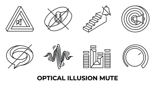 Outline optical illusion mute icons impossible shapes sound off signs abstract line art vector.