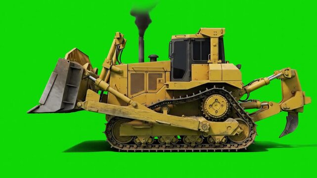 A yellow heavy-duty construction bulldozer with tracks and a front blade, isolated on a green screen. Smoke rises from its exhaust pipe, indicating an active engine for industrial or construction comp