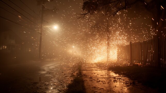 Sparks from damaged power lines during storm. Electric cables spark dangerously above a wet road during extreme weather conditions.
