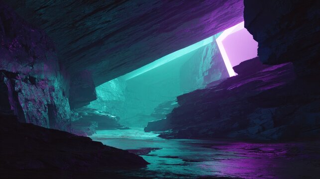 Dark cavern interior illuminated by vibrant neon light portal in the distance