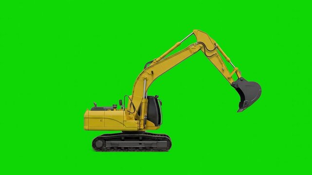 A 3D animated yellow hydraulic excavator with a large digging bucket and tracks, viewed from the side profile. The heavy construction machinery is isolated on a green chroma key background.