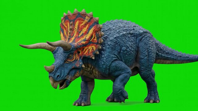 A highly detailed 3D animation of a blue and orange Triceratops dinosaur with large horns moving forward. The prehistoric creature asset is isolated against a bright green screen background for easy v