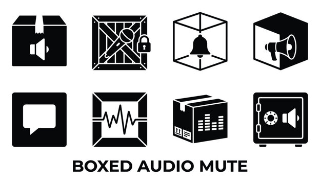 Solid black icons representing boxed audio mute for sound and music content delivery.