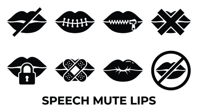 Speech mute lips icons set representing silence and quietness with different graphic elements like zipper and lock.