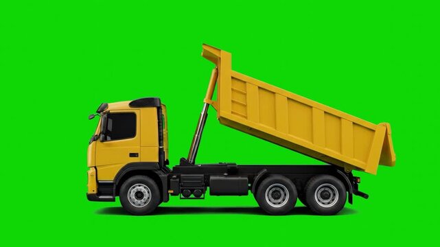 A yellow and black industrial dumper truck with its hydraulic tipper bed fully raised in an unloading motion. The commercial construction vehicle is isolated on a chroma key green screen.