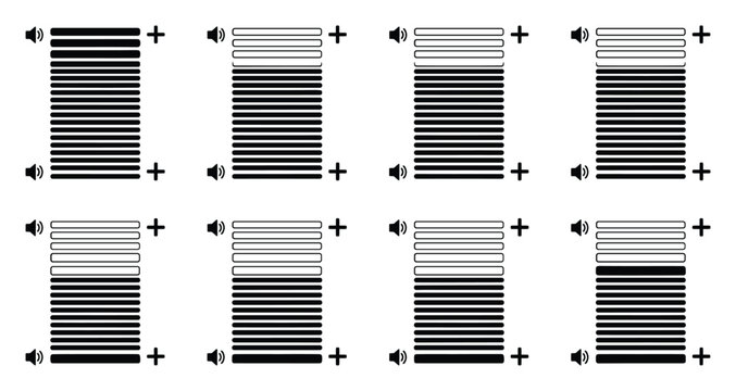 Volume bar icons showing different sound levels with speaker symbols and plus icons on white background.