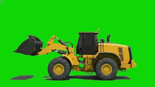 A side profile view of a heavy-duty yellow front-end loader tractor with a large front shovel bucket. This industrial construction vehicle asset is isolated against a solid green screen backdrop.