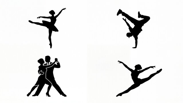 Diverse collection of dancer silhouettes featuring ballet breakdance and partner dancing ideal for performance art and graphic design elements