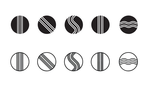 Abstract circular cricket ball patterns and cricket ball seam design icon set symbols.