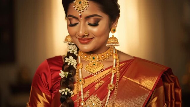 Smiling Indian woman in traditional red saree and intricate gold jewelry during a ceremony.
