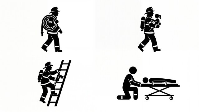 Set of firefighter and rescue worker pictograms black silhouettes depicting emergency services and first aid isolated on white background