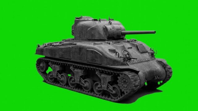 A classic World War II M4 Sherman medium tank rendered in 3D with realistic metallic textures. The military vehicle asset is isolated on a chroma key green background for historical VFX compositing.