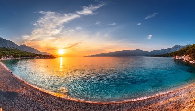 Amazing Sunset Overview Across The Beautiful Beach Of Gradac In Makarska Riviera