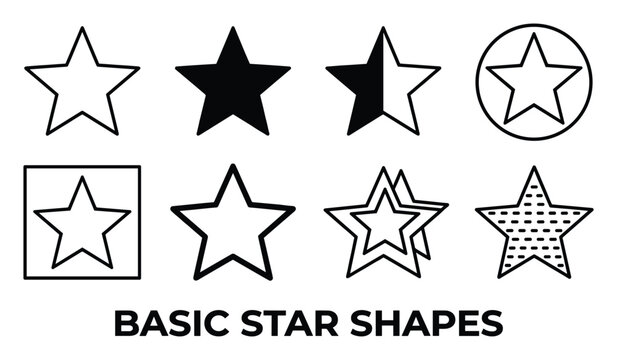 Basic star shapes collection graphic elements vector set simple icons solid filled outline variations surrounding frames.