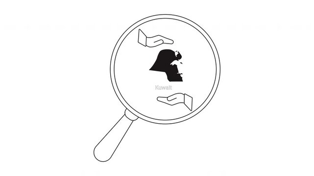 Magnifying glass over Kuwait map with hands illustration.