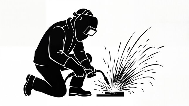 Skilled welder in protective mask and gear actively welding with sparks a strong silhouette vector icon for industrial services