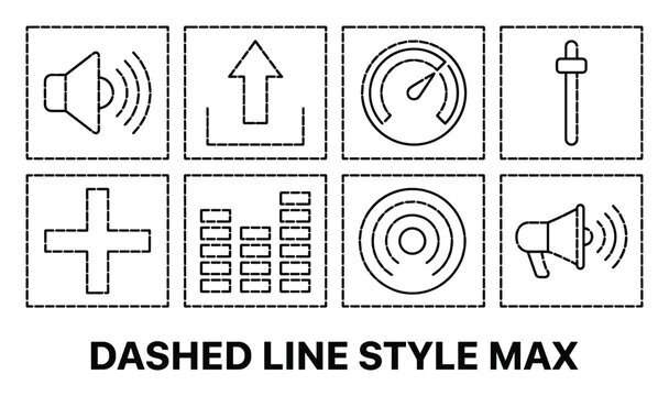 Dashed line style audio icons for volume control and sound amplification set.