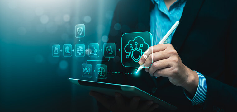 Cybersecurity protection framework concept with business professional using tablet and stylus showing cloud security workflow threat detection authentication monitoring response and data protection