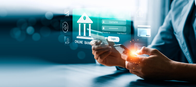 Online banking login concept with person using smartphone and credit card showing digital bank interface username password payment icons and secure mobile financial transaction