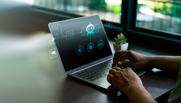 AI chatbot workflow automation concept with digital assistant interface on laptop showing task integration analytics coding search communication and smart productivity management
