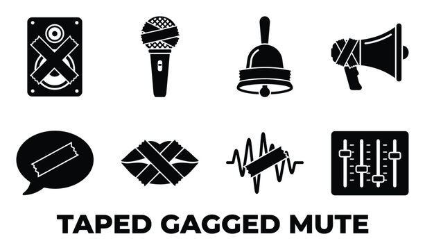 Set of taped gagged mute icons featuring speaker microphone bell and megaphone with muted lips.