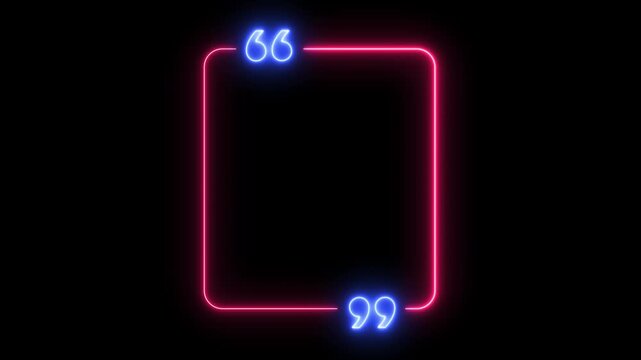 Glowing neon pink vertical rectangle quote box frame with blue quotation marks isolated on a transparent alpha channel background loop