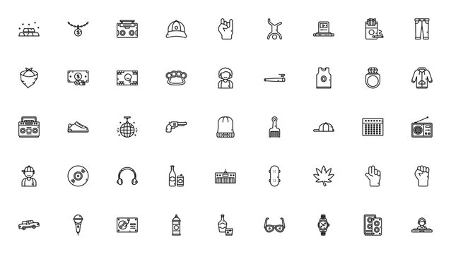Hip hop icon set. Minimalist line vector icons pack. Featuring gold, necklace, boombox, graffiti, sneaker, microphone, turntable, headphones, vinyl, disco ball, breakdance, rapper, hoodie, sneaker, ca