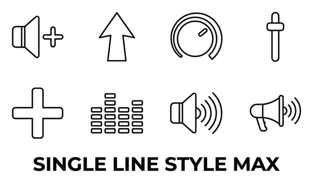 Single line style audio icons for volume control and sound amplification set.