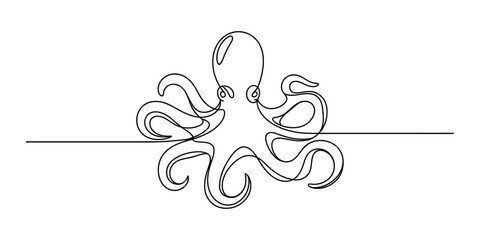 Continuous single line drawing of a cute octopus swimming with curled tentacles and big eyes in a minimalist artistic style for modern aquatic decor art Vector, illustration © Raj Creator
