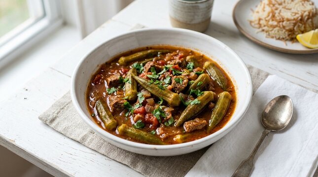 Bamia Upper Egyptian Dried Okra Stew in White Bowl &ndash; Traditional Slow-Cooked Vegetable Dish Studio Overhead