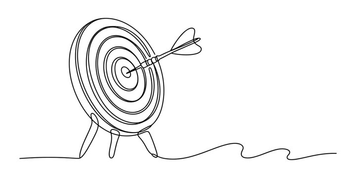 A continuous single line drawing of a dart hitting the center of a target board representing business success and achieving goals for a professional design Vector, illustration