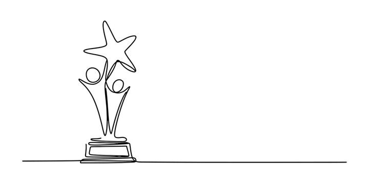 Continuous single line drawing of two people holding up a large star trophy representing success and achievement in a simple minimalist black and white style Vector, illustration