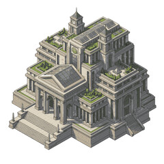 Grand, multi-level building with classical architectural elements and rooftop gardens, presented in an isometric view. © bi