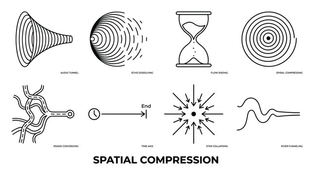 Spatial compression abstract line art concepts like audio tunnel and echo dissolving effects.