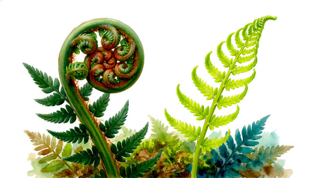 Circular Fern Plant Illustration with Spiral Paku Leaves Design