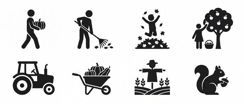 Set of autumn and harvest season glyph icons featuring farm activities and fall elements perfect for web and app design