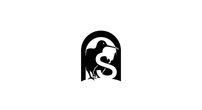 Black and white raven with letter S emblem design.