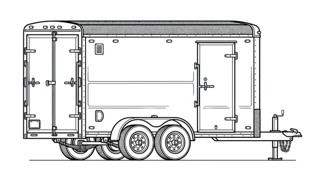 Enclosed Cargo Trailer Line Art Drawing - Transportation and Storage Vehicle