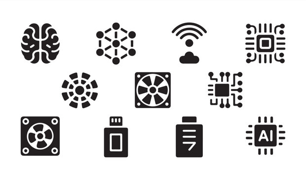 Artificial intelligence and machine learning icons for technology and innovation.