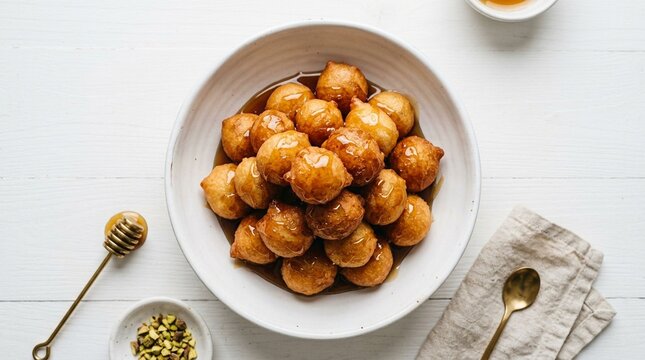 Egyptian Sweet Dumplings Luqmet El Qadi with Honey Drizzle &ndash; White Bowl Fried Dessert Street Food Overhead