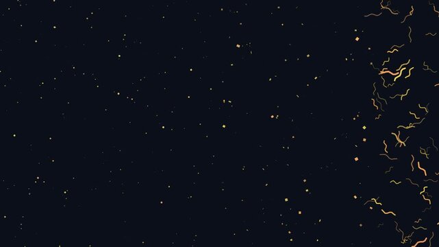 Golden confetti falls in a loop on a black background at night