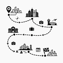 Fototapeta premium Travel itinerary map with icons representing destinations and activities