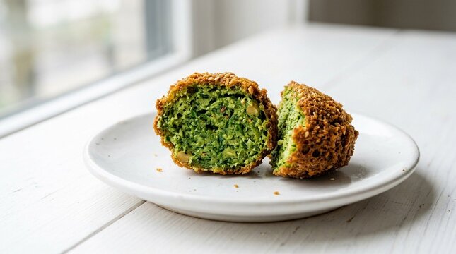 Falafel Cross-Section on Plate Showing Green Herb Interior &ndash; Egyptian Tamiya Crispy Fried Street Food Macro