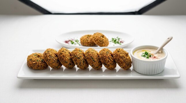 Falafel Row on White Plate with Tahini Sauce Ramekin &ndash; Egyptian Tamiya Broad Bean Patties Studio Overhead