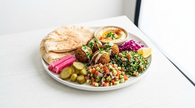 Falafel Platter with Pita Bread Pickles and Salad &ndash; Egyptian Tamiya Street Food Complete Mezze Spread
