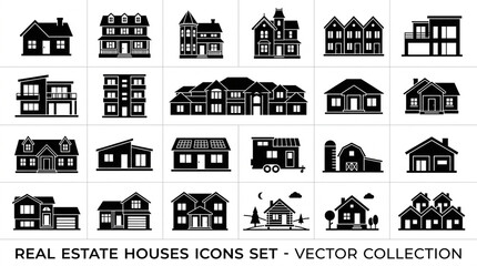 Naklejka premium Real Estate Houses Icons Set – Residential Property and Home Vector Collection