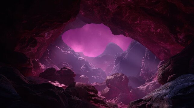 Dramatic view outward from a rugged cavern opening toward a glowing magenta sky