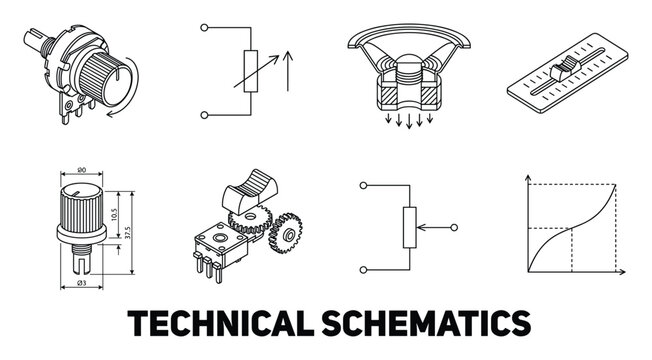 Technical schematic symbols for electronic components like potentiometers resistors speakers and sliders.