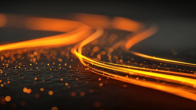 Bright orange glowing light trails move dynamically across a dark, textured surface.