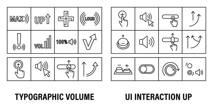 Typographic volume up and UI interaction up icons for sound control and user interface design.